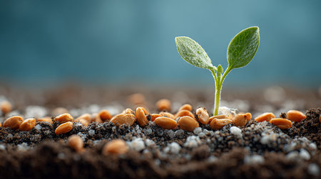 Sprout of young seedling with seeds in soil on blue backgroundの素材
