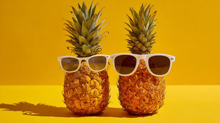 Pair of pineapples with sunglasses on a yellow background.の素材