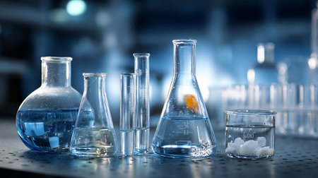 Science laboratory research and development concept.Laboratory glassware containing chemical liquid.の素材