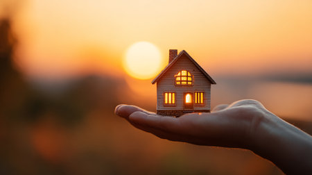 Woman hand holding house model on sunset background. Real estate concept.の素材
