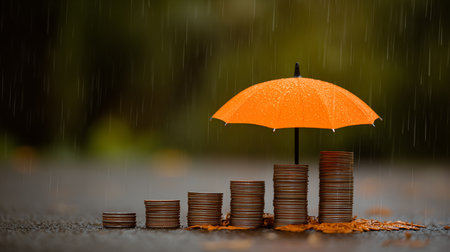 Financial concept, coin stack with orange umbrella on rainy day background.の素材