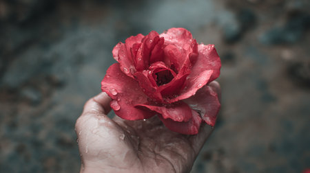 Red rose in the hands of a woman on a rainy day.の素材