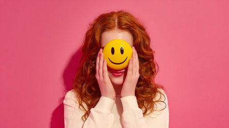 Redhead woman with yellow smiley on her face over pink backgroundの素材
