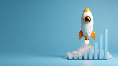 Rocket ship with graph on blue background. Success concept. 3D Renderingの素材