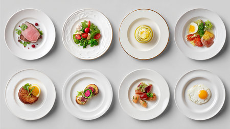 Set of plates with different food on grey background, top view.の素材
