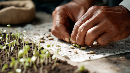 Close-up of senior man's hands planting seeds in the groundの素材