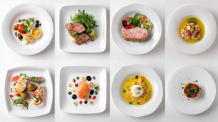 Top view of a set of dishes on a white background. Restaurant menuの素材