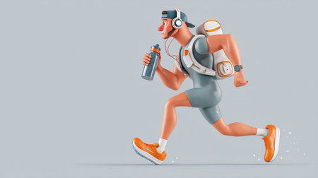 3d illustration of a man running with headphones and bottle of waterの素材