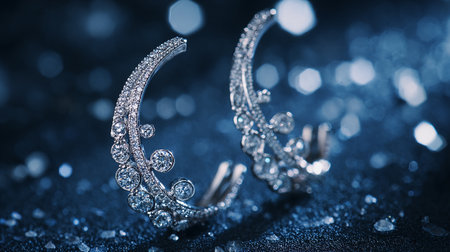 Jewelry diamond earrings on a blue background with bokehの素材