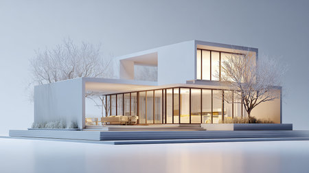 3d rendering of modern cozy house with parking and pool for sale or rentの素材