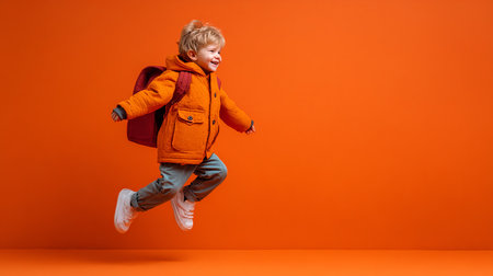 Full length portrait of a cute little boy jumping on orange background.の素材