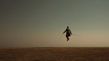 Silhouette of a man jumping with a skipping rope in the fieldの素材
