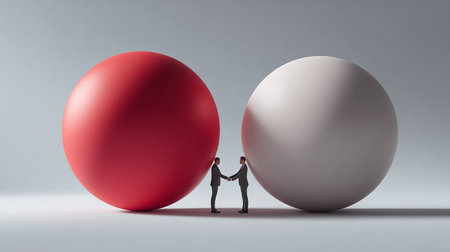 Businessmen shaking hands in front of a red and white sphere.の素材