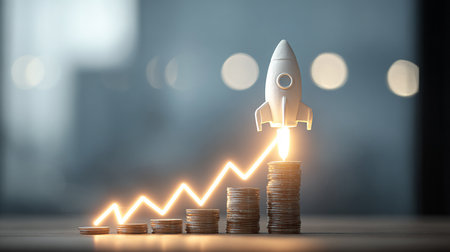 Rocket start up on coin stack with bokeh background. Business start up and success concept.の素材