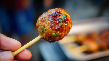 Thai grilled meatballs on wooden stick, Thai street food.の素材