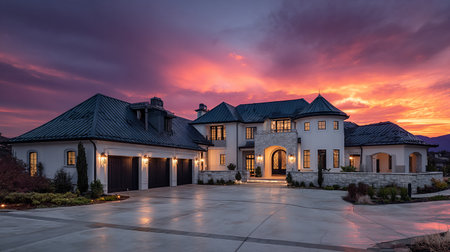 Sunset view of a luxury villa in the countryside of Oklahomaの素材