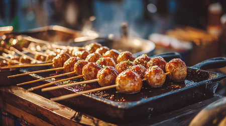 Fried meatballs on skewers in a street food stall.の素材
