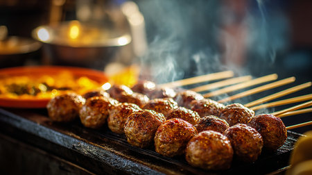 Grilled meatballs on skewers in a restaurant. Selective focusの素材