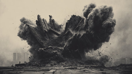 Conceptual image of a big explosion with smoke and fire.の素材