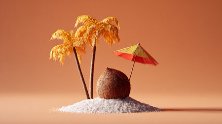 coconut with umbrella and palm trees on sand, 3d illustrationの素材