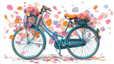 Bicycles with flowers and confetti on a white background.の素材