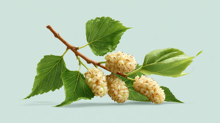 Mulberry branch with ripe white mulberry fruits on light green backgroundの素材