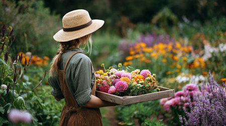 Woman gardener with a basket full of flowers in the garden.の素材