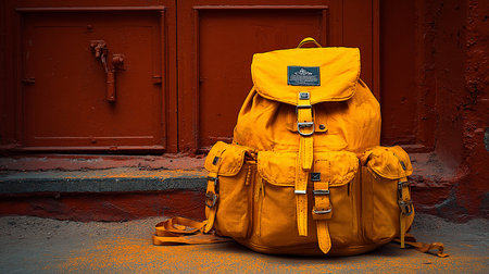 Yellow backpack on the street near the entrance to the old house.の素材