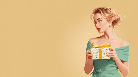 Beautiful young woman with a gift box on a yellow background.の素材