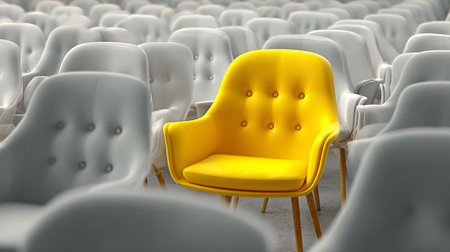 Yellow armchair in a row of white chairs. 3d renderingの素材