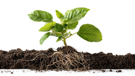 Young plant with roots on a white background. The concept of environmental protection.の素材