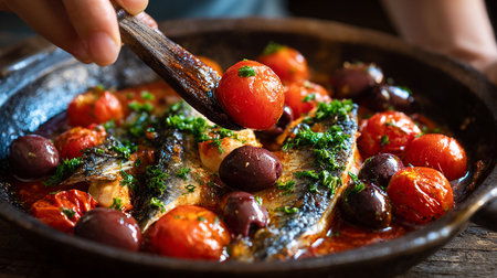 Baked fish with tomatoes and olives in a frying pan.の素材