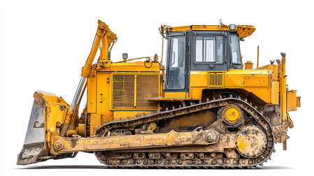 Yellow bulldozer isolated on a white background. 3d rendering.の素材