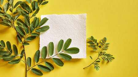 Eucalyptus leaves and blank paper sheet on yellow backgroundの素材