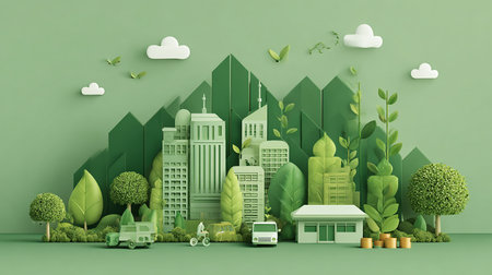Green city with buildings, trees and cars. 3d rendering.の素材