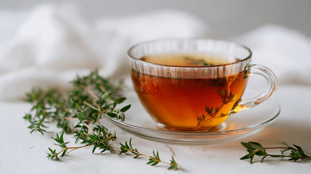 Cup of green tea with thyme on a white background.の素材