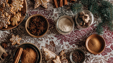 Christmas gingerbread cookies and spices on rustic background, top viewの素材