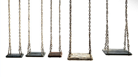 Old wooden swing isolated on white background, clipping path included. This has clipping path.の素材