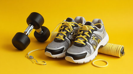 Sport shoes, dumbbells and rope on a yellow background.の素材