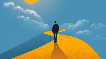 Conceptual image of a businessman standing on a road going up to the sunの素材