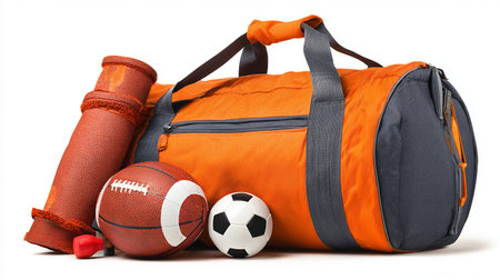 Sports bag with footballs, dumbbells and a bottle of waterの素材