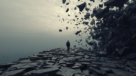 Conceptual image with a person standing on top of a cliffの素材