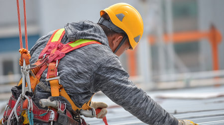 Worker in safety helmet and safety harness working at construction site.の素材