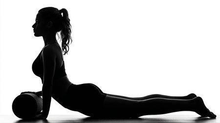 one caucasian young woman exercising fitness pilates exercises in silhouette studio isolated on white backgroundの素材