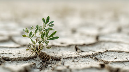 Plant growing on cracked ground, global warming and climate change conceptの素材