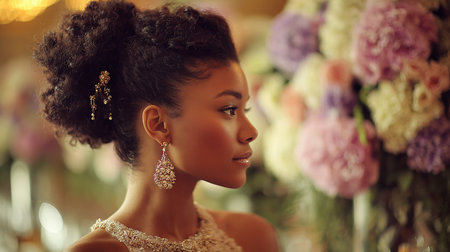 Beautiful african american woman with hairstyle and makeup in luxury jewelryの素材