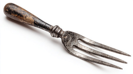 Old rusty fork isolated on white background. Clipping path included.の素材