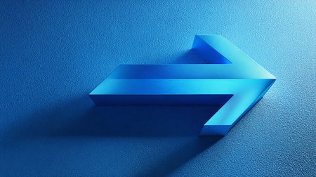 Blue arrow on blue wall. 3D rendering. Computer digital drawing.の素材