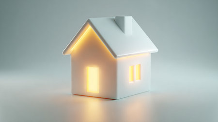3d rendering of a house illuminated with yellow light on white backgroundの素材