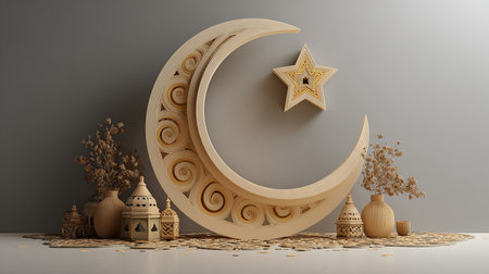 Ramadan Kareem Background with crescent moon and lantern. 3d renderingの素材